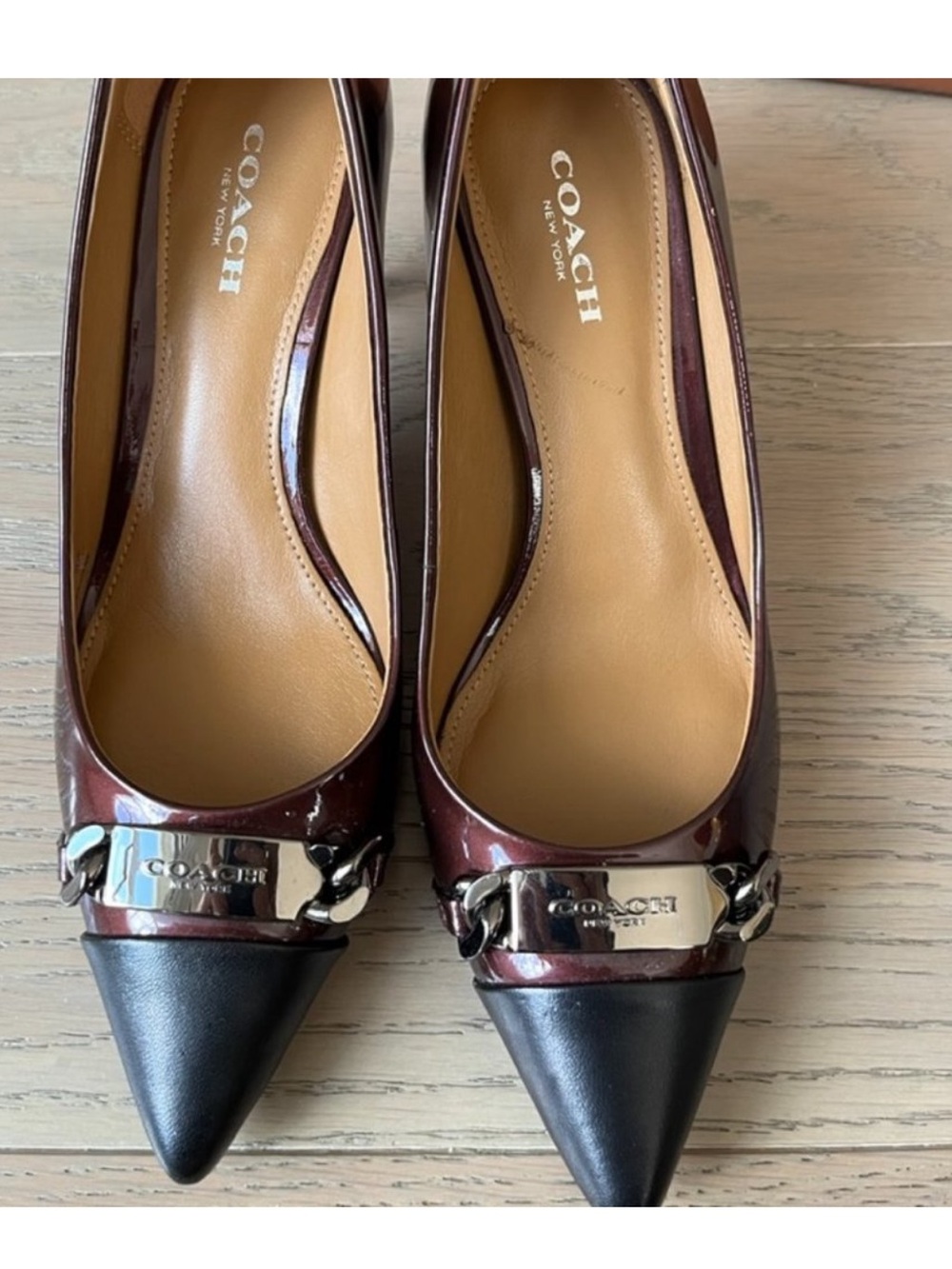 Authentic COACH Bowery Burgundy/Black Patent Leather Cap Toe Kitten Heels, 10